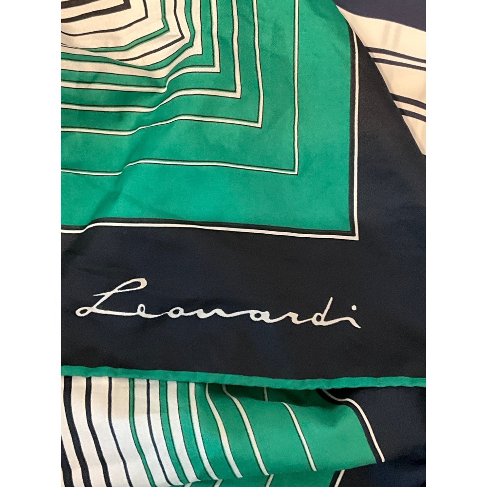 Leonardi Geometric Square Scarf Green Navy Blue White Striped Grid Print